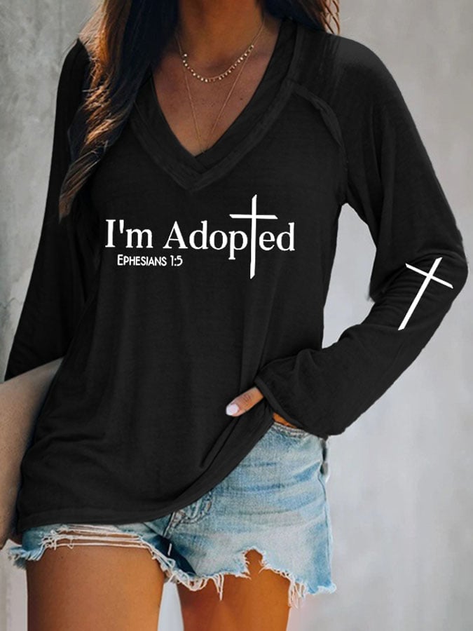 V-neck Retro I'm Adopted Ephesians 1:5 Print T-Shirt