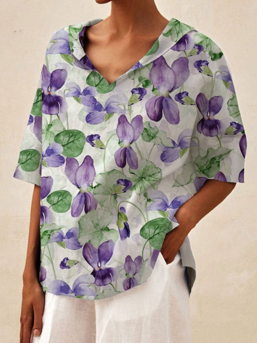 Women's Floral Print Casual Linen Shirt