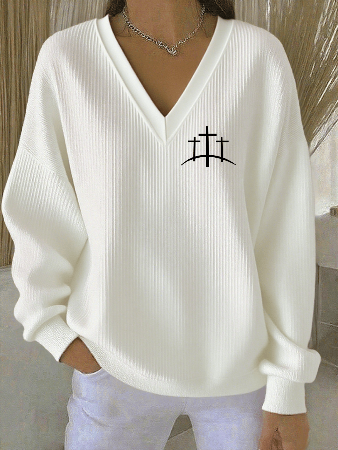 Women's Faith Print Knit V-Neck Long Sleeve Top