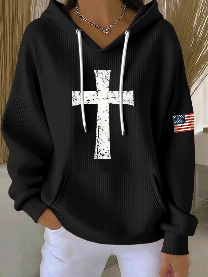 Women's Casual Faith Cross Flag Hoodie