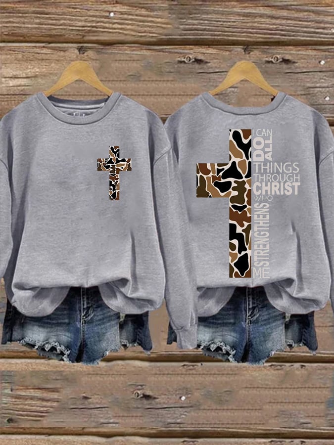 Women's Philippians 4:13 Camo Cross  Print Sweatshirt