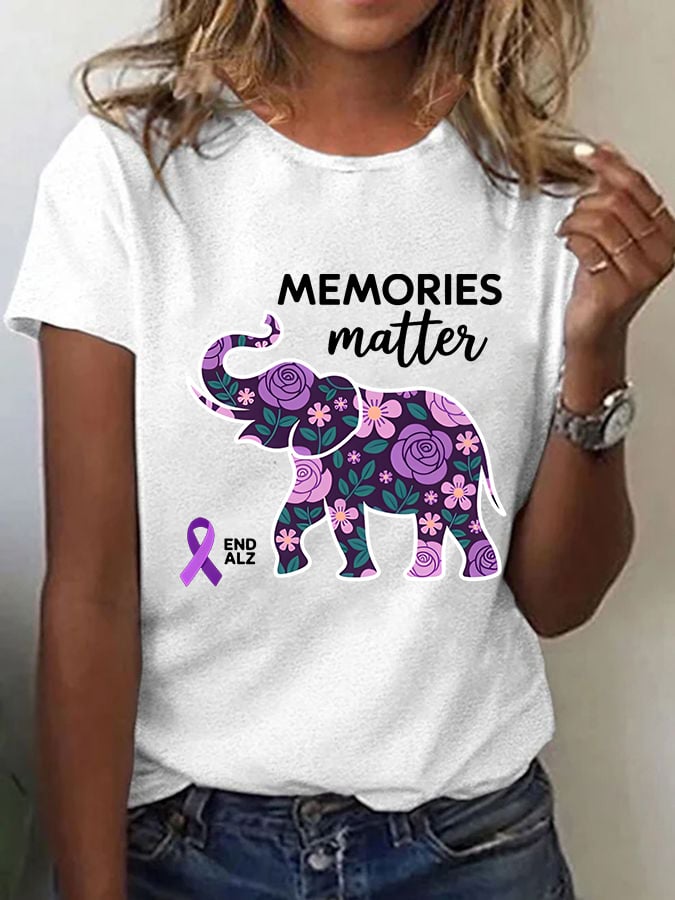 Women's Alzheimer's Disease Floral Elephant Print Short Sleeve T-Shirt