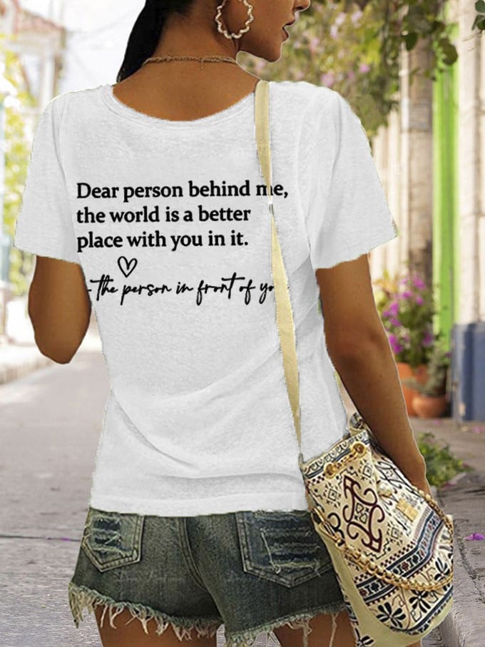 Women's Faith Dear Person Behind Me Cross Print V Neck T-Shirt