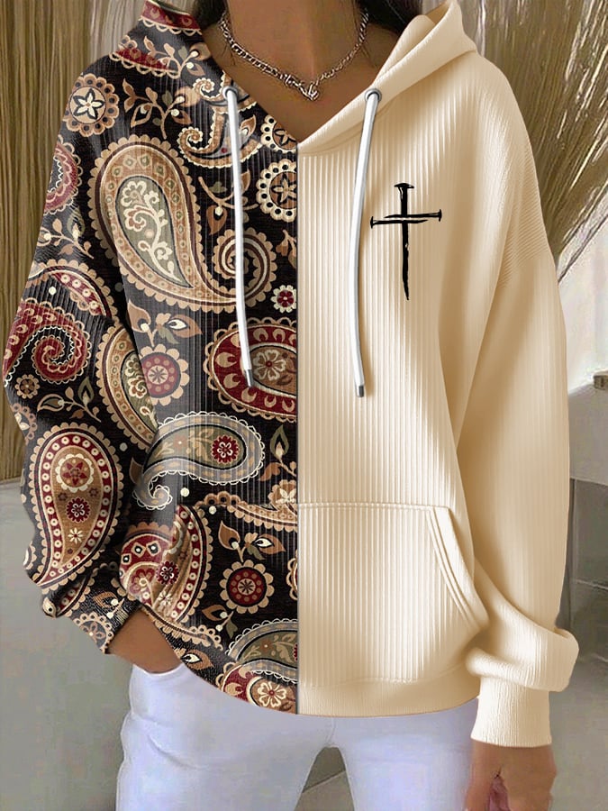 Women's Casual Paisley Contrasting Faith Texture Hoodie