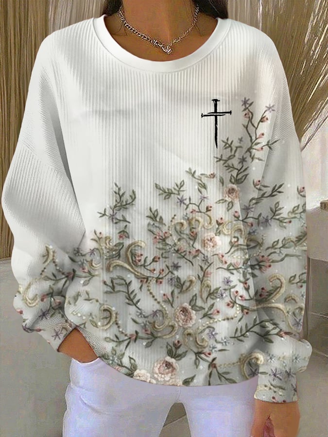 Women's Faith Print Knitted Crew Neck Long Sleeve Top