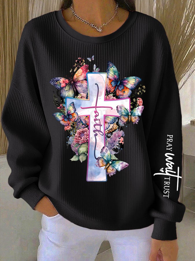 Women's Faith Cross Printed Crew Neck Long Sleeve Top