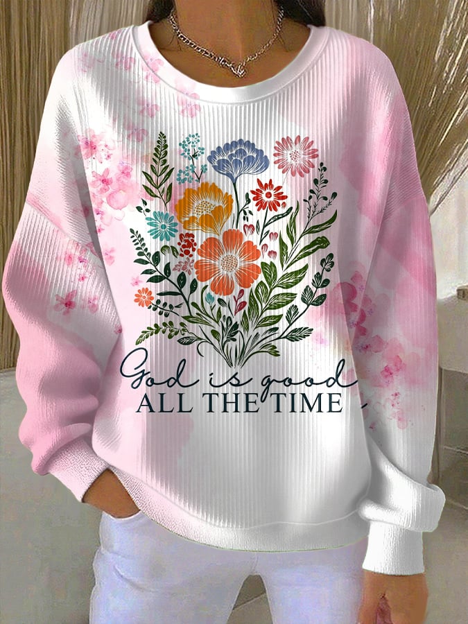 Women's Casual Floral Faith Textured Knitted Sweatshirt