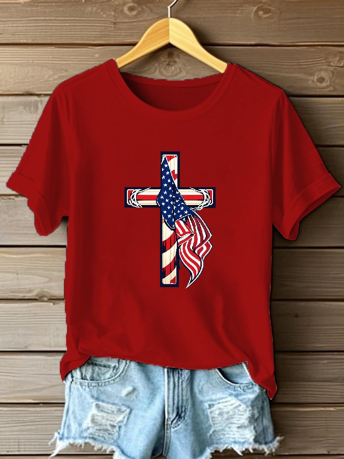 Women's Casual Faith Cross Flag T-shirt