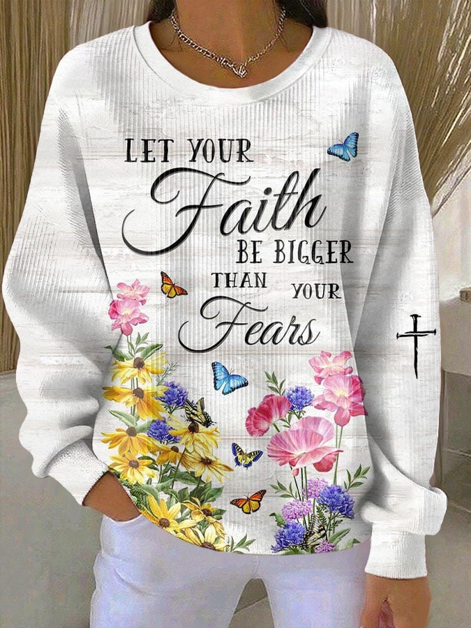Women's Faith Print Knit Crew Neck Long Sleeve Top