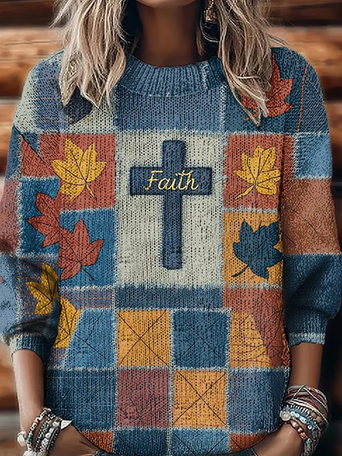 Women's Retro Casual Faith Cross Art Print Sweater