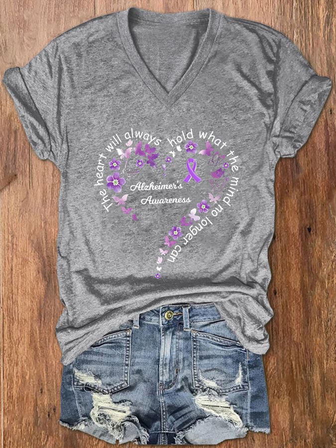 Women The Heart Will Always Hold What the Mind Can No Longer Printed V-Neck T-Shirt