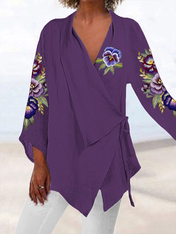 Womens Alzheimer's Awareness Purple Floral Cotton Linen Lapel Tie Casual Shirt