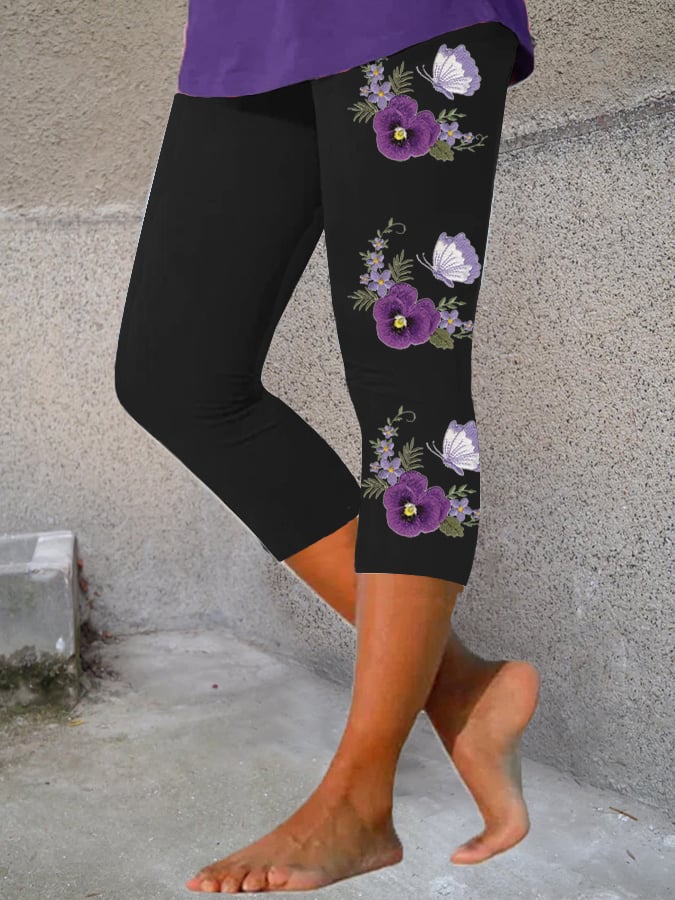 Women's Floral Dementia Alzheimer's Disease Awareness Printed Cropped Yoga Leggings