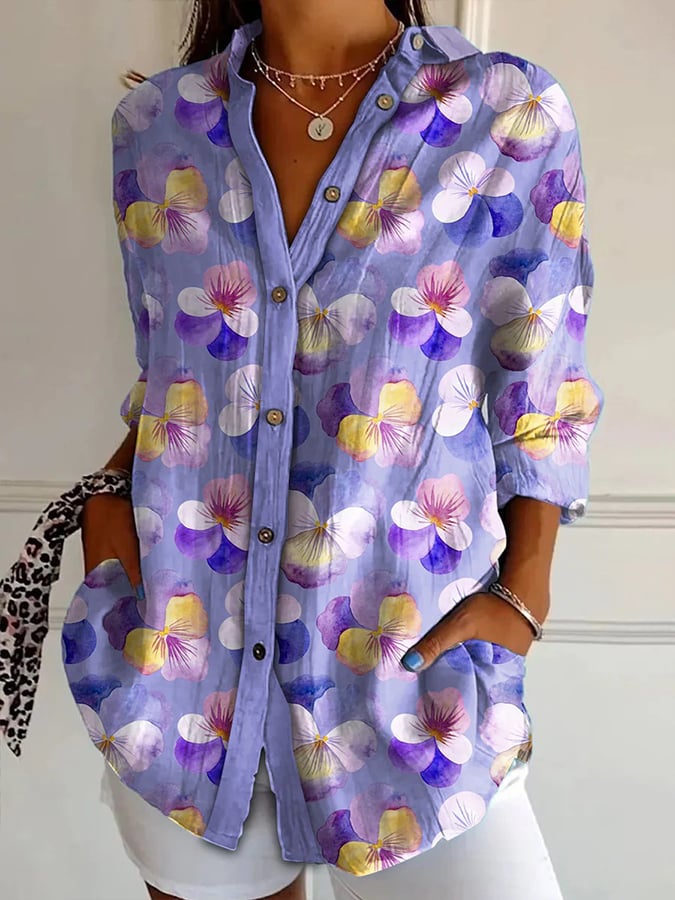 Women's Purple Floral Art Print Lapel Shirt