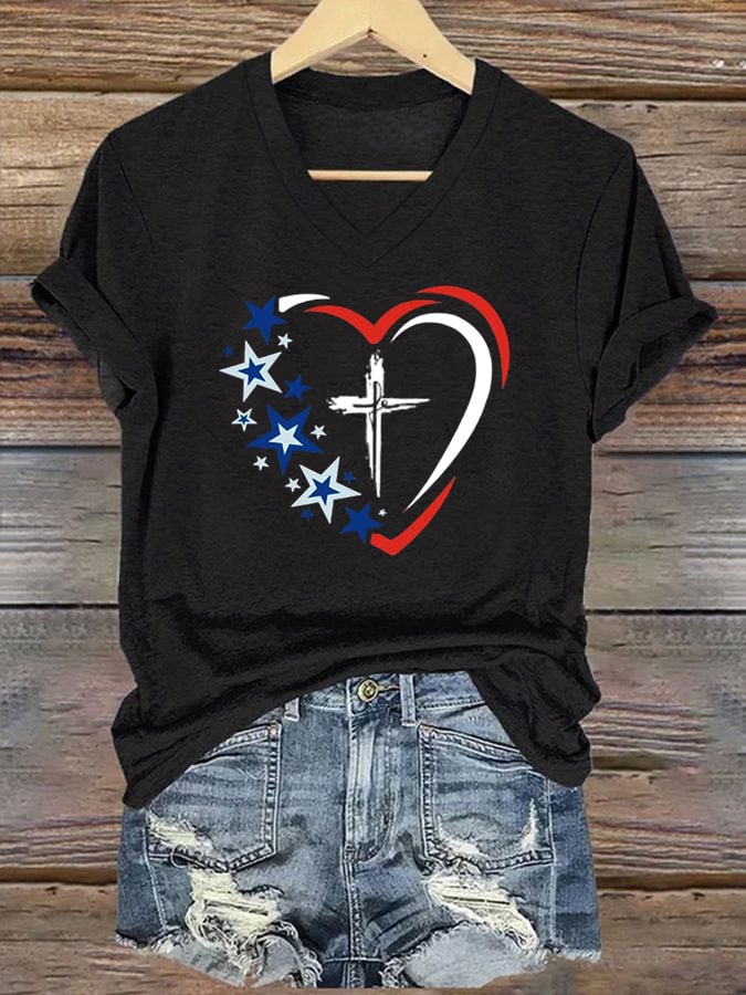 Women's American Flag Heart Printed Casual Top