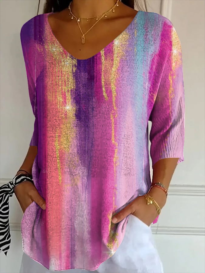 Women's Casual Retro Purple Art Striped T-Shirt