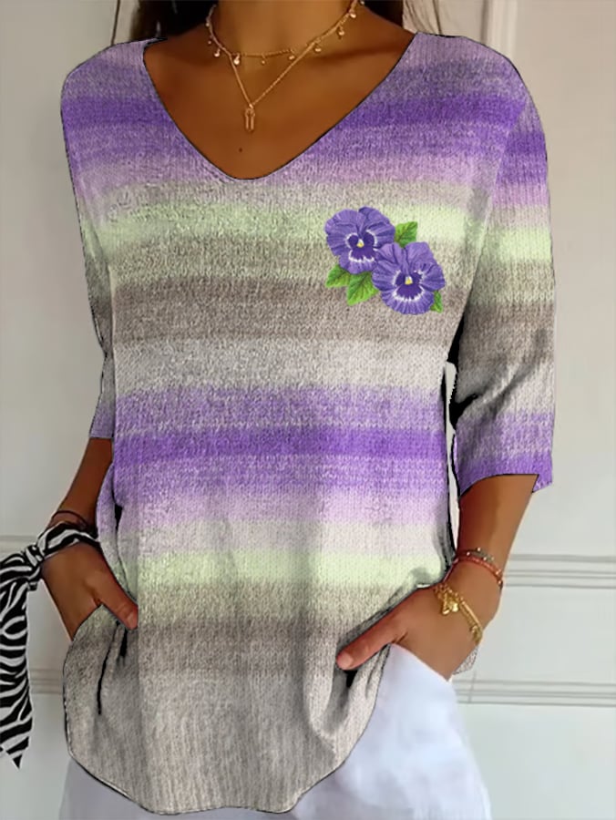 Womens Vintage Alz Purple Floral Print Top