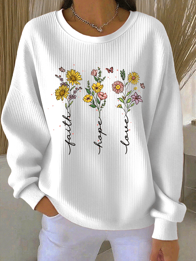 Women's Faith Print Knit Crew Neck Long Sleeve Top