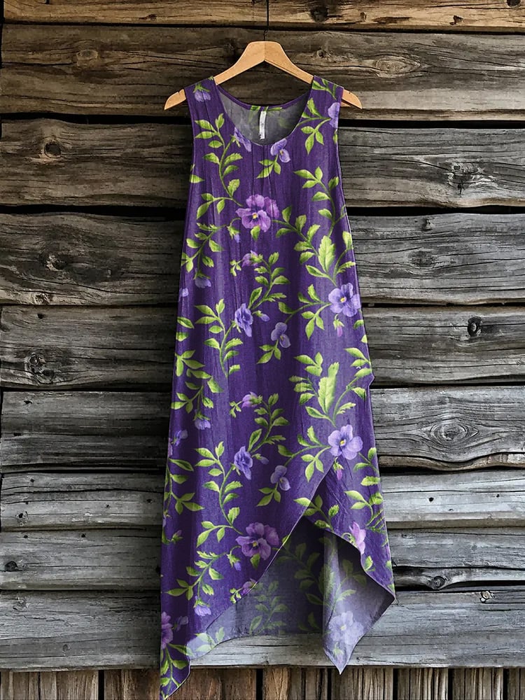 Women's Alzheimer's Purple Floral Print Linen Blend Tank Dress