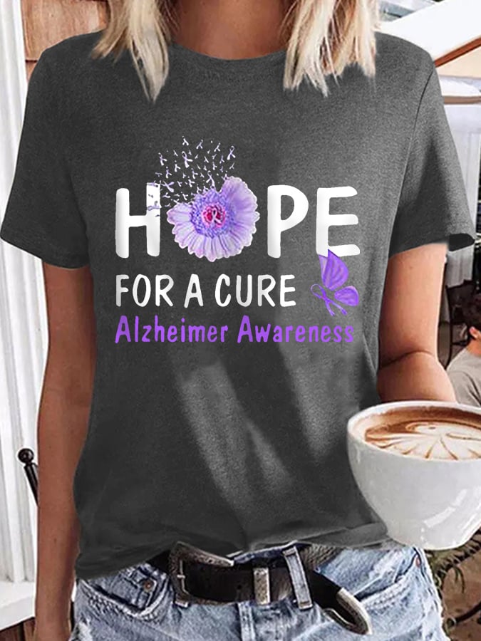 Women's Hope For A Cure Sunflower Purple Ribbon Alzheimer's Awareness Fighter Supporter Tee