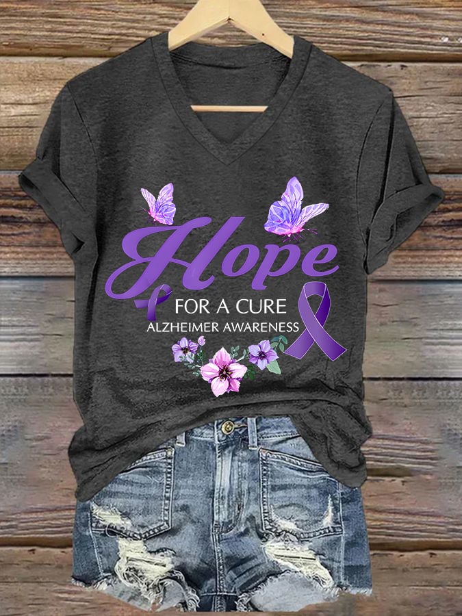 Women's Casual Alzheimer's Print V-Neck Short Sleeve T-Shirt