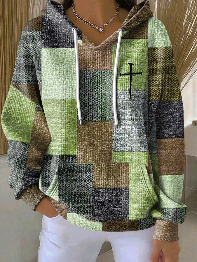 Women's Casual Retro Contrast Color Block Faith Hoodie