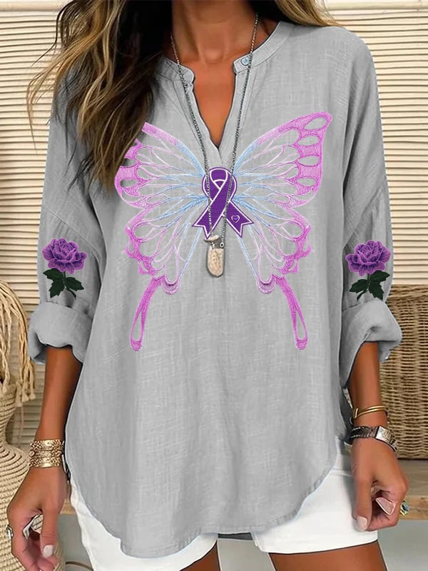 Women's Purple Alzheimer Awareness Butterfly Print Casual Linen Blouse