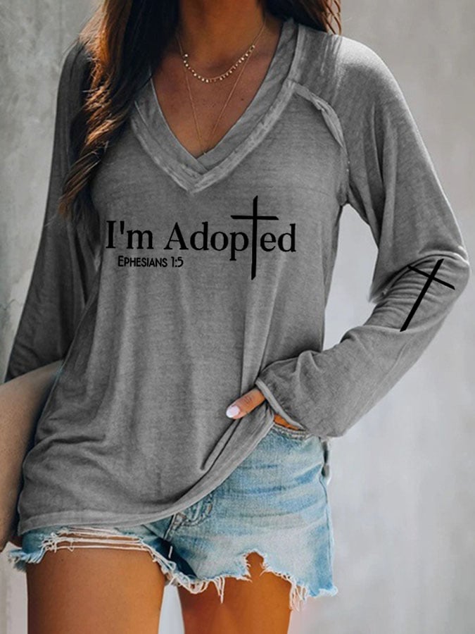 V-neck Retro I'm Adopted Ephesians 1:5 Print T-Shirt