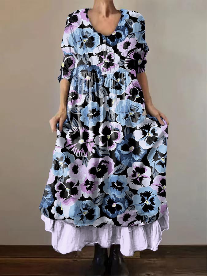 Women's Vintage Purple Floral Art Print Button Dress