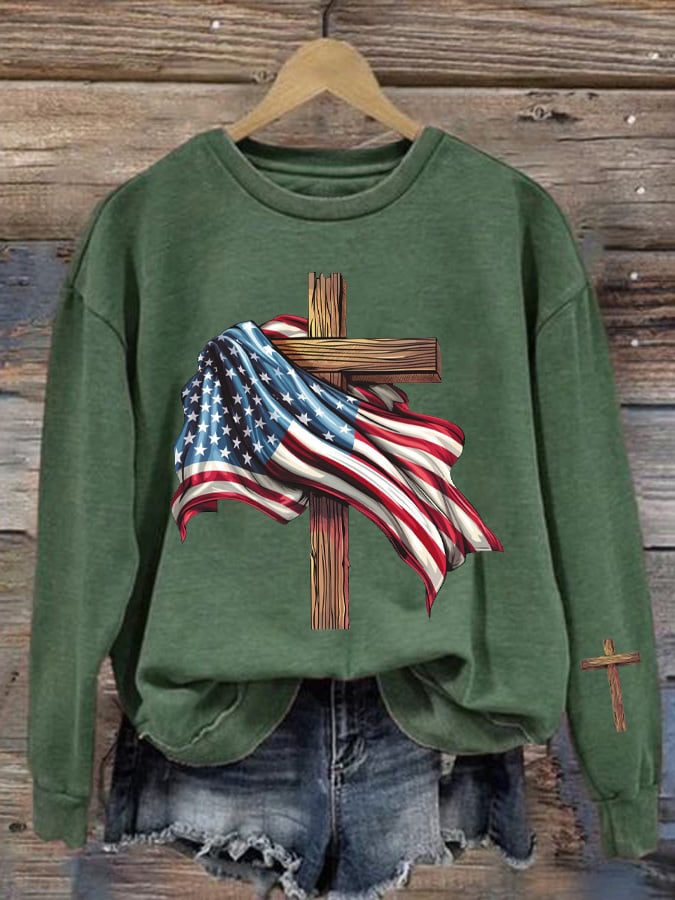 Women's American Flag Cross Patriotic Crew Neck Top