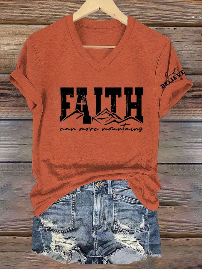 Women's Faith Can Move Mountains   Printed V-Neck Tee