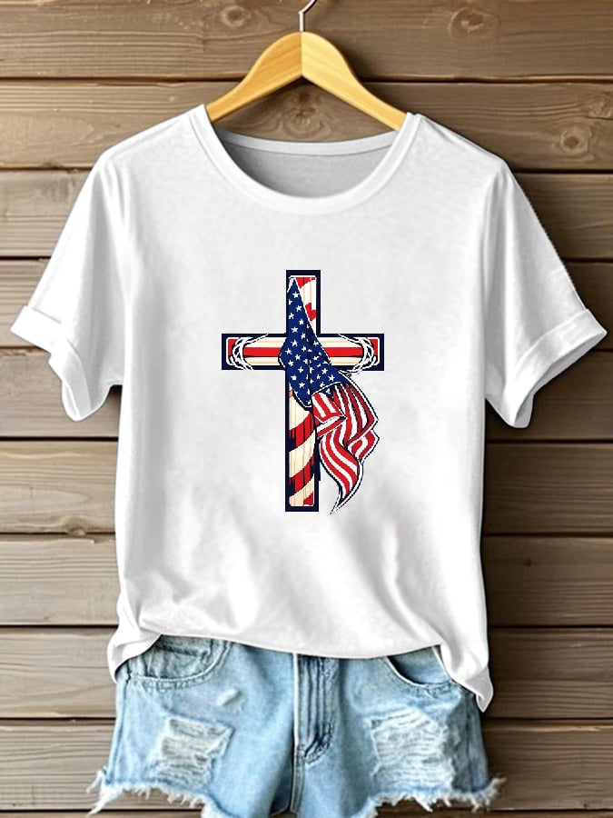 Women's Casual Faith Cross Flag T-shirt