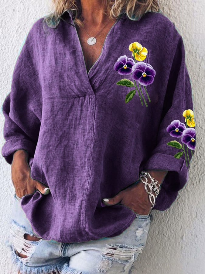 Women's Cotton And Linen Purple Floral V-Neck Top