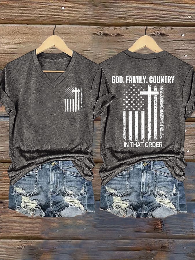 Women's God Family Country In That Order Print V Neck T-shirt