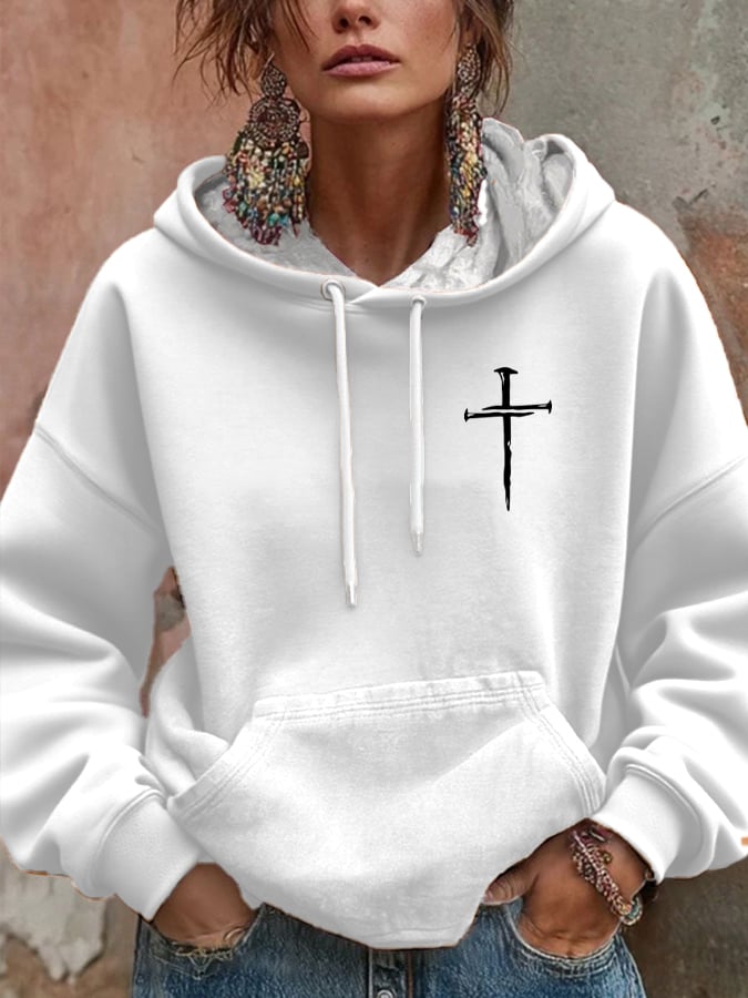 Women's Retro Faith Cross Print Casual Hooded Sweatshirt