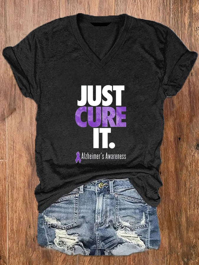 Women'sJust Cure ALZ Dementia Alzheimer's Awarenes Purple Ribbon Print O-Neck T-Shirt