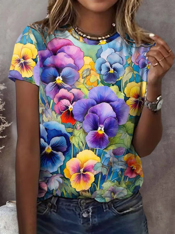 Women's Casual Retro Purple Floral T-Shirt