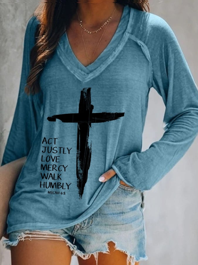 Women's Act Justly Love Mercy Walk Humbly-Micah 6:8 Cross Print V-neck T-shirt