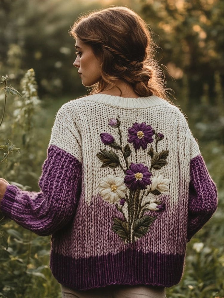 Women's Purple Flowers Embroidery Pattern Cozy Crew Neck Cardigan