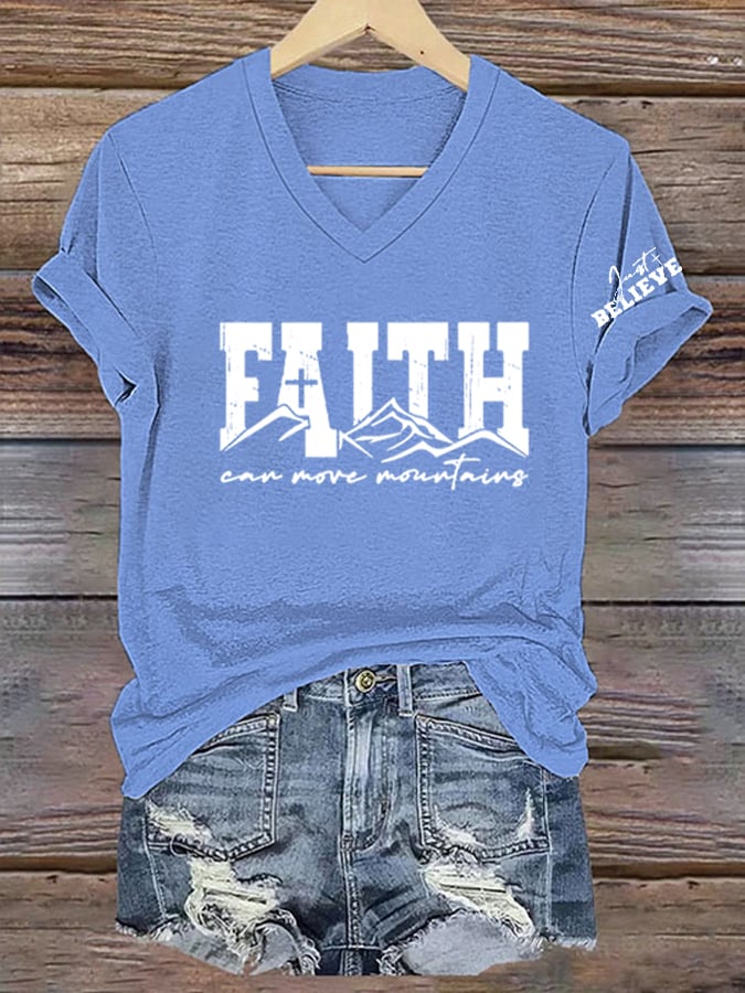 Women's Faith Can Move Mountains   Printed V-Neck Tee