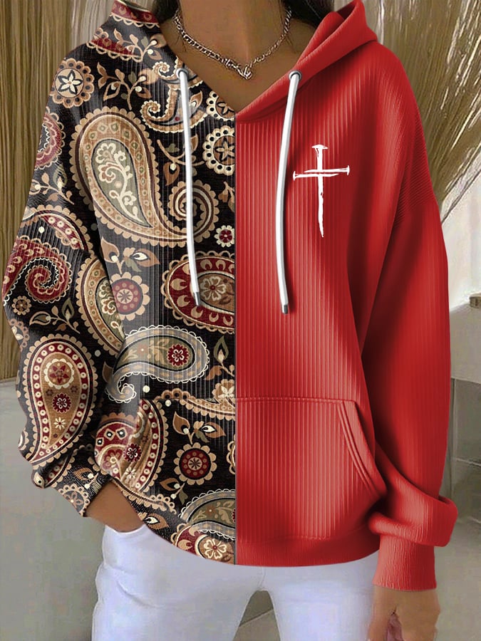Women's Casual Paisley Contrasting Faith Texture Hoodie