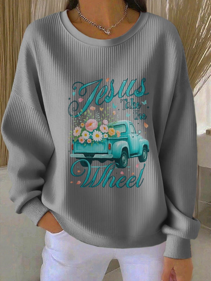 Women's Jesus Take The Wheel Daisies Graphic Print Sweatshirt