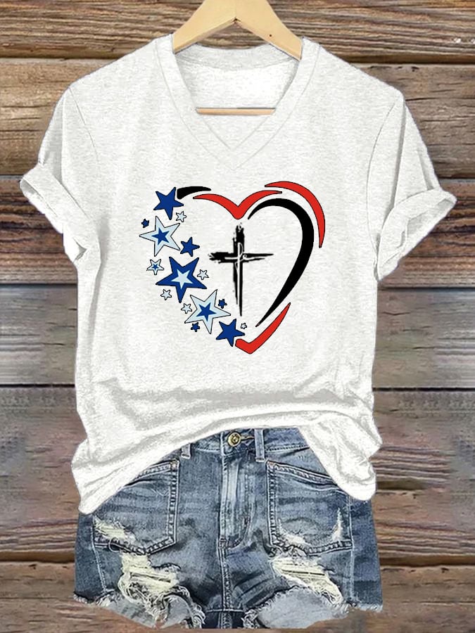 Women's American Flag Heart Printed Casual Top