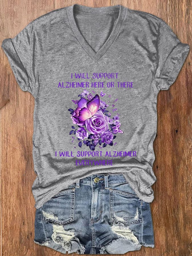 Women's Alzheimer's Awareness Butterfly Printed V-Neck T-Shirt