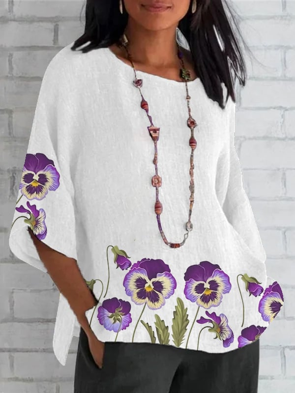 Women's Round Neck Purple Floral Print Round Neck Loose Shirt