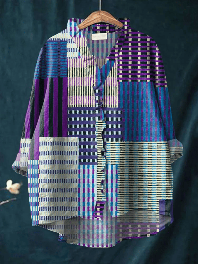 Women's Alzheimer's Plaid Print Pleated Design V-Neck Shirt