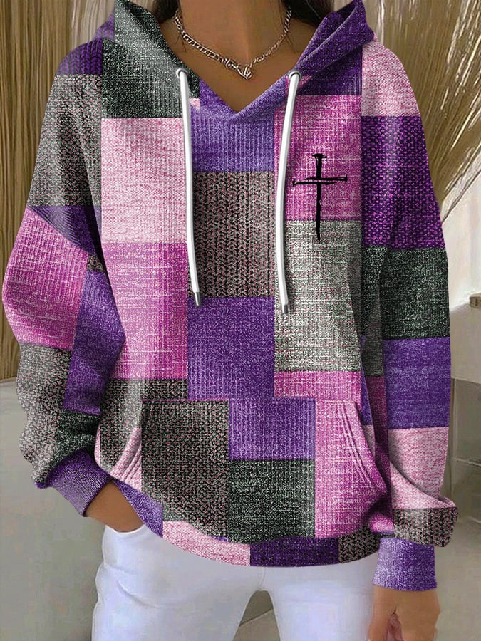 Women's Casual Retro Contrast Color Block Faith Hoodie