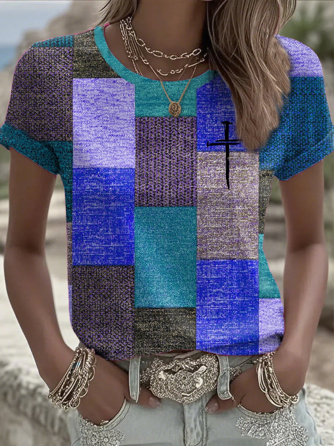 Women's casual autumn and winter retro color block contrast T-shirt