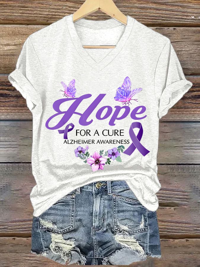 Women's Casual Alzheimer's Print V-Neck Short Sleeve T-Shirt