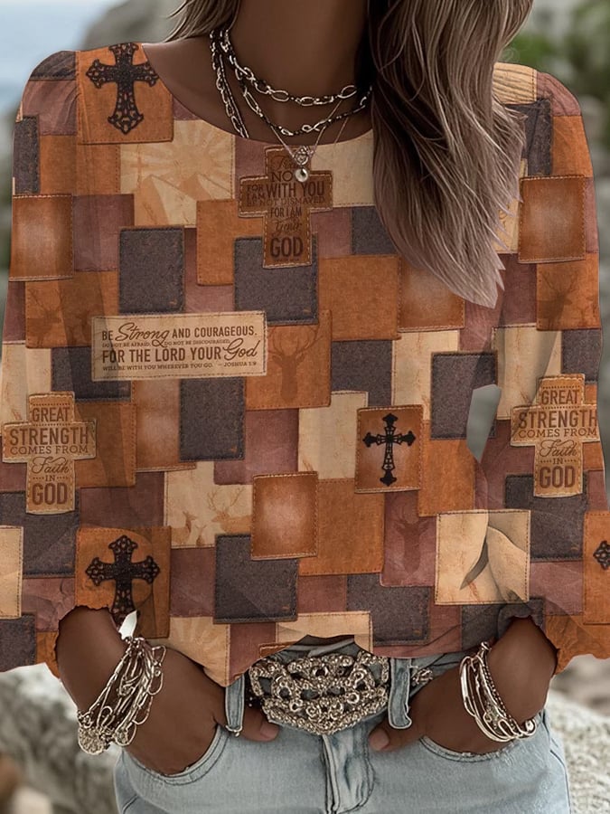 Women's Faith Art Print Round Neck Long Sleeve Shirt